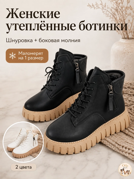 Ботинки женские зимние утеплённые со шнуровкой и молнией на высокой подошве, 36–40 - 