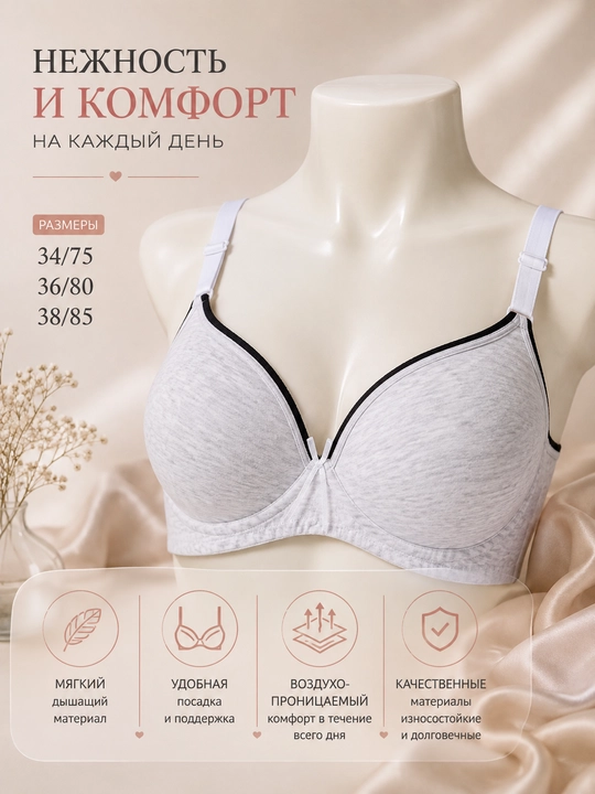 Ayollar byustgalteri yumshoq nafas oluvchi kulrang, qulay, 34/75–38/85 o‘lchamlar - 