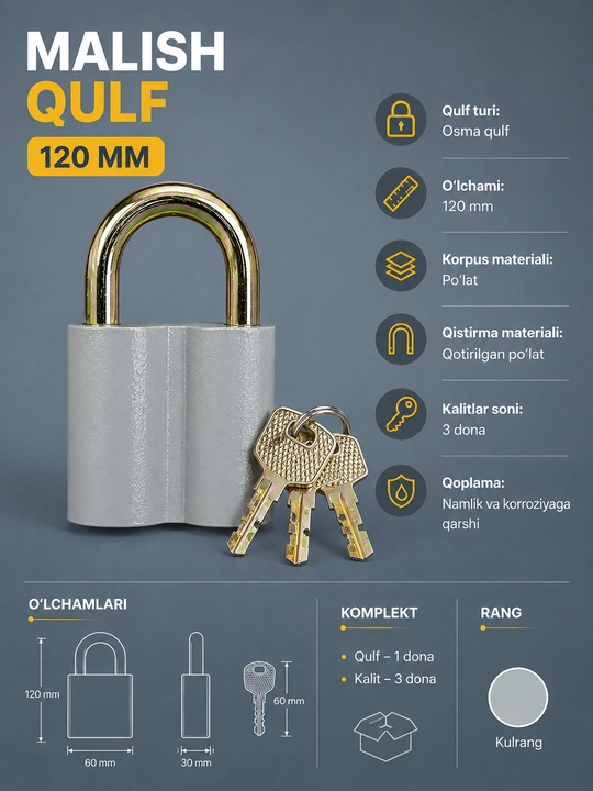 MALISH 120 mm osma qulfi - to‘plamda 3 ta kalit mavjud - 