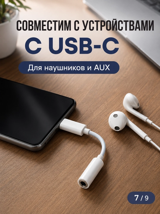 Черный Аудиопереходник USB Type-C на AUX 3,5 мм для наушников и смартфона - 