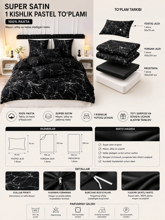 Super Satin Pastel — 1 Kishilik Premium Satin To‘plam, 100% Paxta - 