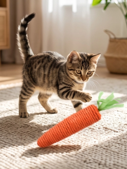 Игрушка когтеточка для кошек и котят Морковка шуршащая с бубенчиком