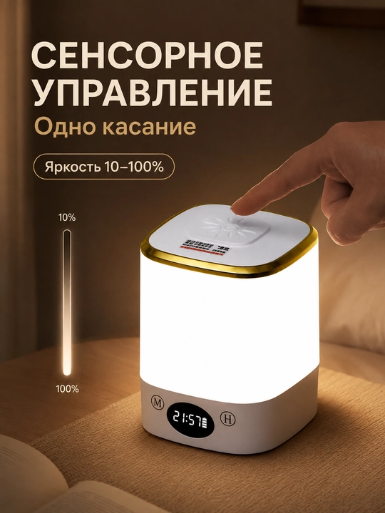 Светодиодный ночник с часами, 3 оттенка света, сенсор, зарядка Type-C