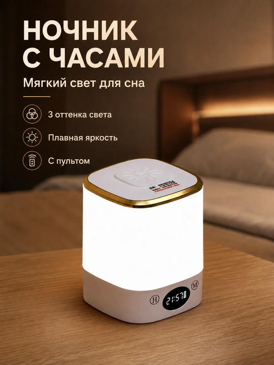 Светодиодный ночник с часами, 3 оттенка света, сенсор, зарядка Type-C - 