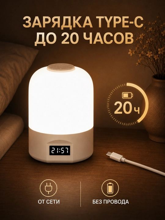 Светодиодный ночник с часами, 3 оттенка света, сенсор, зарядка Type-C