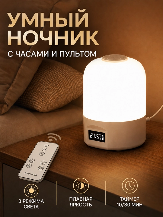 Светодиодный ночник с часами, 3 оттенка света, сенсор, зарядка Type-C - 