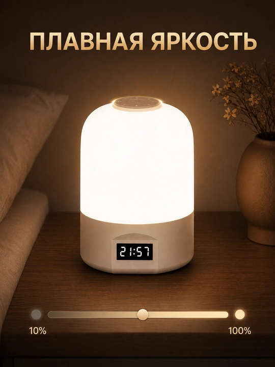 Светодиодный ночник с часами, 3 оттенка света, сенсор, зарядка Type-C