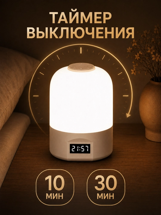 Светодиодный ночник с часами, 3 оттенка света, сенсор, зарядка Type-C