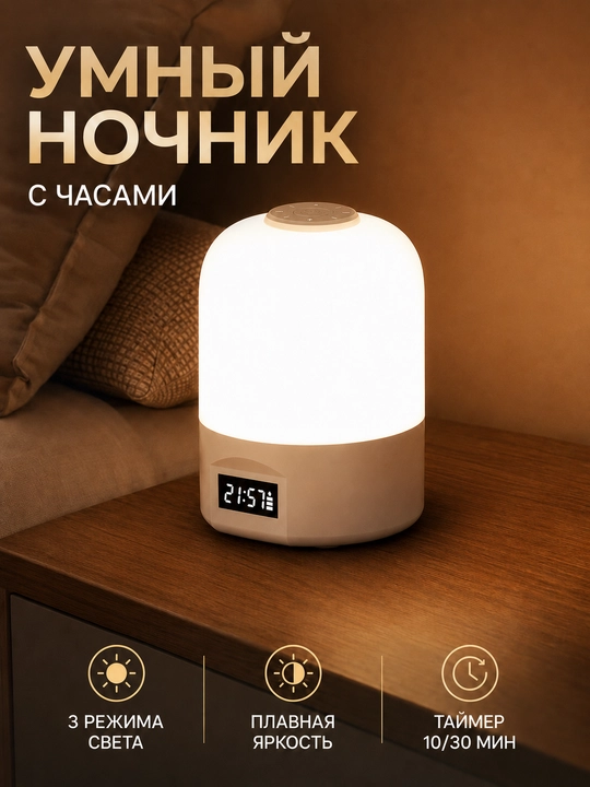 Светодиодный ночник с часами, 3 оттенка света, сенсор, зарядка Type-C - 