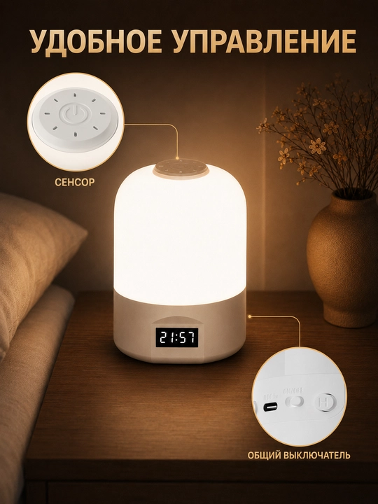 LED tungi chiroq soatli, 3 rangli yorug‘lik, sensorli boshqaruv, Type-C zaryad
