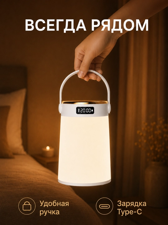 LED tungi chiroq soatli, 3 rangli yorug‘lik, sensorli boshqaruv, Type-C zaryad