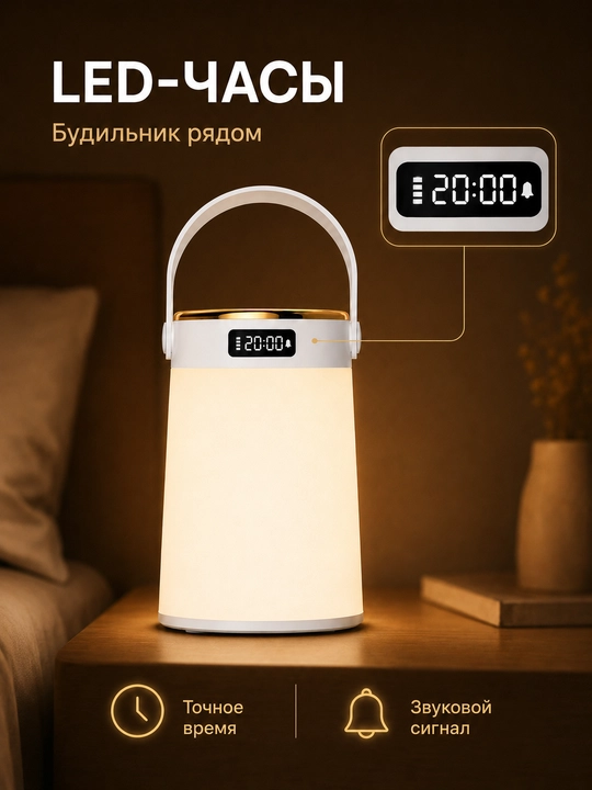 LED tungi chiroq soatli, 3 rangli yorug‘lik, sensorli boshqaruv, Type-C zaryad