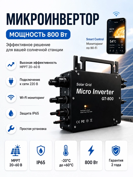 Инвертор микро солнечный 220v 800w 200 КВт - 