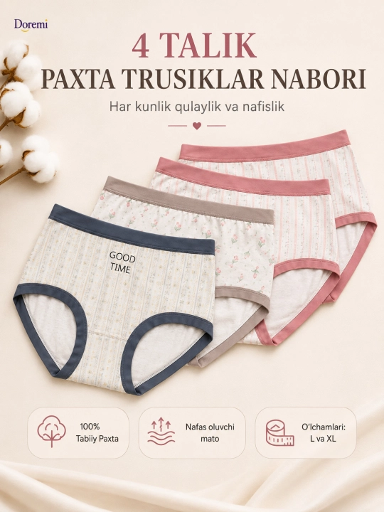 Ayollar uchun trusiklar, ichkim kiyimlar, paxta matosidan, 4 ta to'plam - 