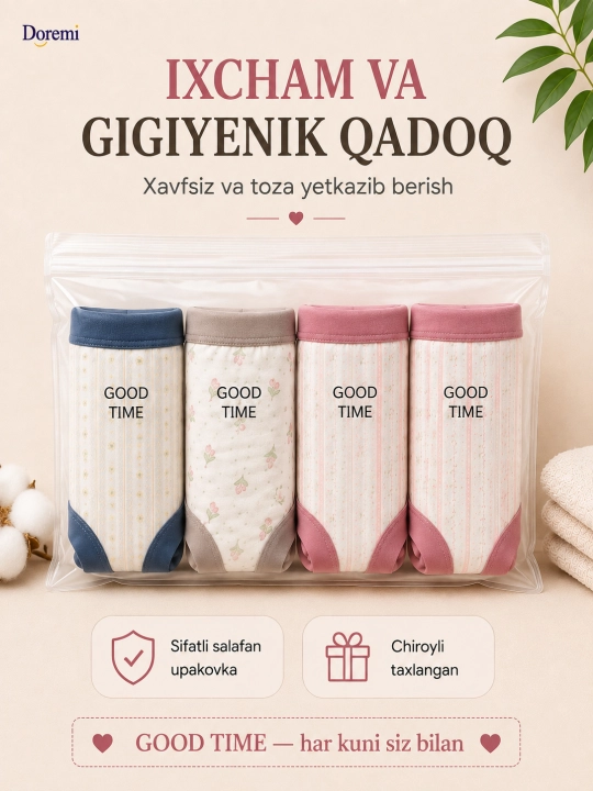 Ayollar uchun trusiklar, ichkim kiyimlar, paxta matosidan, 4 ta to'plam