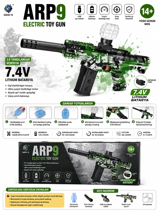 ARP9 avtomat, bolalar uchun, arbis o'qlar, aniq niyon va zaryadli qurol - 