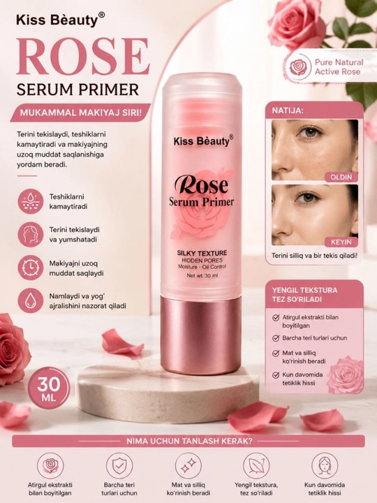 Makiyaj uchun BAZA, Rose Serium Primer, bo'yanish bazasi