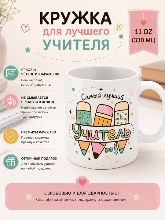Giftory o‘qituvchi uchun sovg‘a krujka, ruscha yozuvli, 330 ml