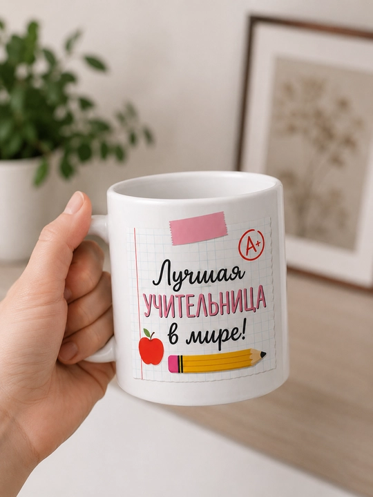 Giftory o‘qituvchi uchun sovg‘a krujka, ruscha yozuvli, 330 ml