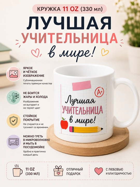 Giftory o‘qituvchi uchun sovg‘a krujka, ruscha yozuvli, 330 ml