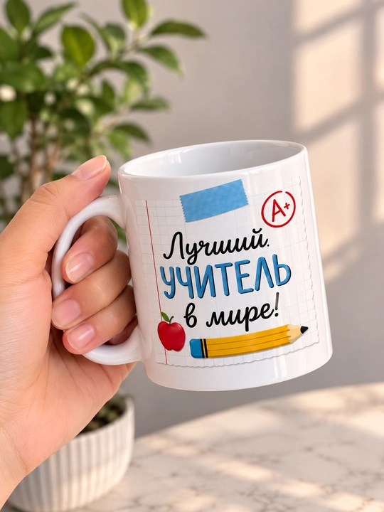 Giftory o‘qituvchi uchun sovg‘a krujka, ruscha yozuvli, 330 ml
