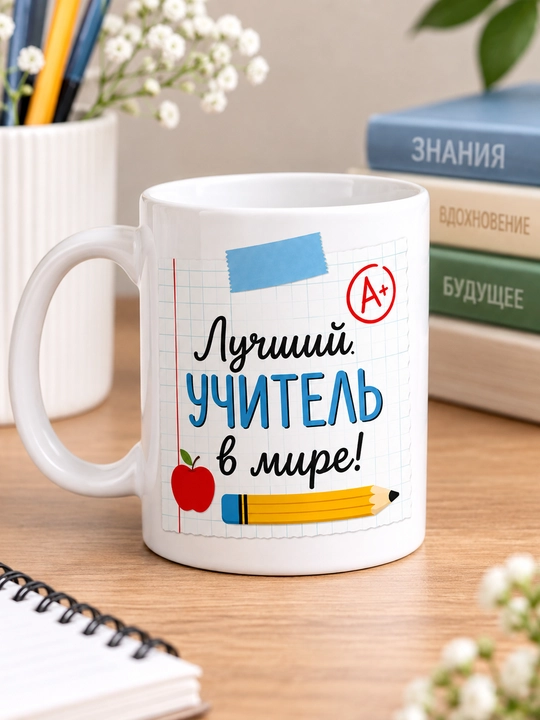 Giftory o‘qituvchi uchun sovg‘a krujka, ruscha yozuvli, 330 ml