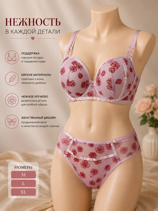 Ayollar ichki kiyim to‘plami, gul naqshli, yengil push-up, to‘rli, M–XL - 