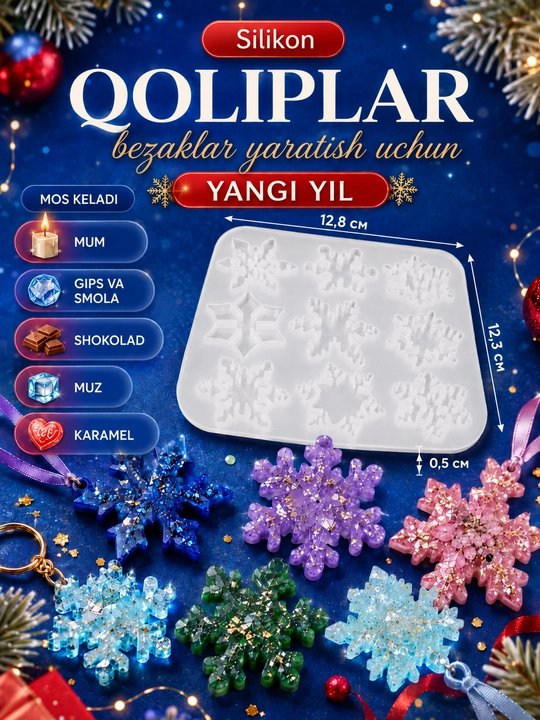 Yangi yil o‘yinchoqlari uchun silikon qoliplar, smola, gips, shamlar, yangi yil qoliplari