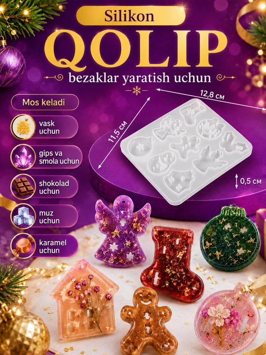 Yangi yil o‘yinchoqlari uchun silikon qoliplar, smola, gips, shamlar, yangi yil qoliplari