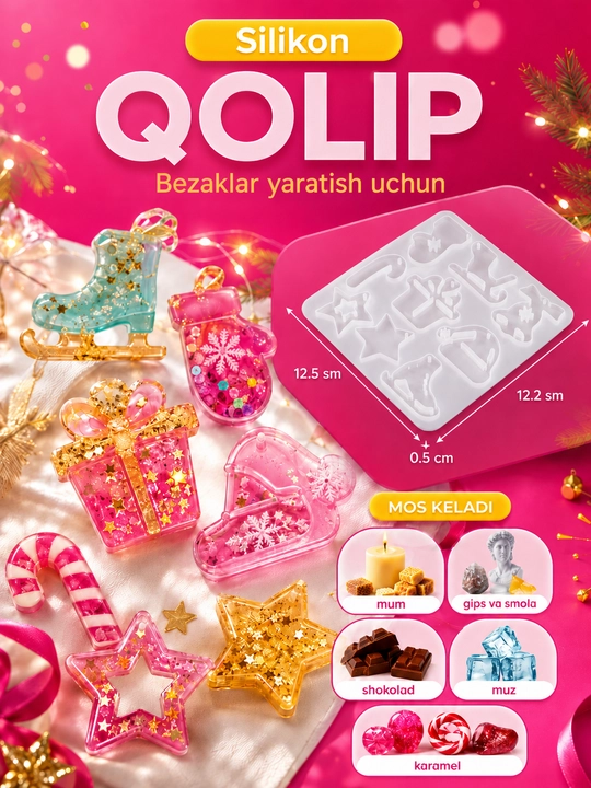 Yangi yil o‘yinchoqlari uchun silikon qoliplar, smola, gips, shamlar, yangi yil qoliplari