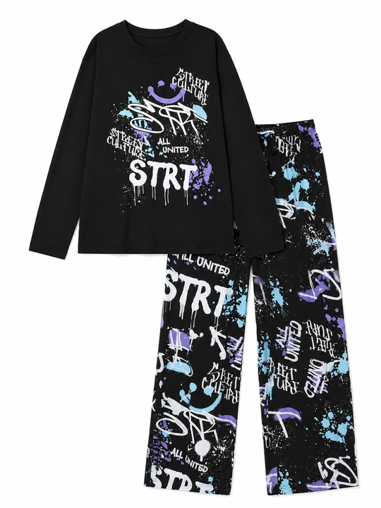 Qizlar va ayollar uchun uy qurilishi pijama, longsliv uzun qisma va keng shim