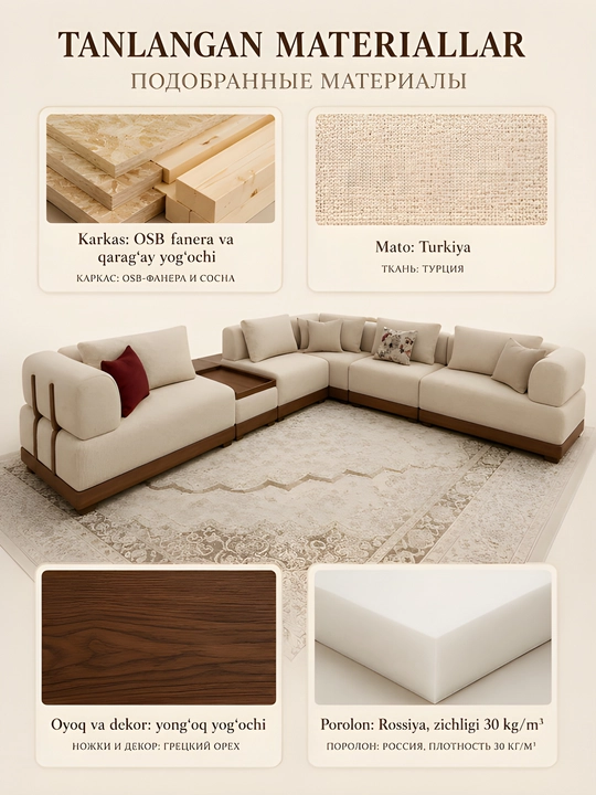 Auren L-shaklli modulli yumshoq mebel to‘plami, burchak divan, 370×340×80 sm