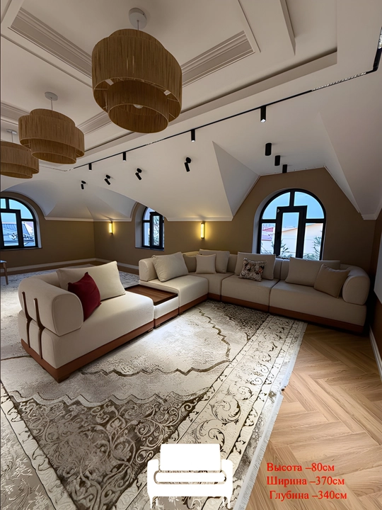 Auren L-shaklli modulli yumshoq mebel to‘plami, burchak divan, 370×340×80 sm