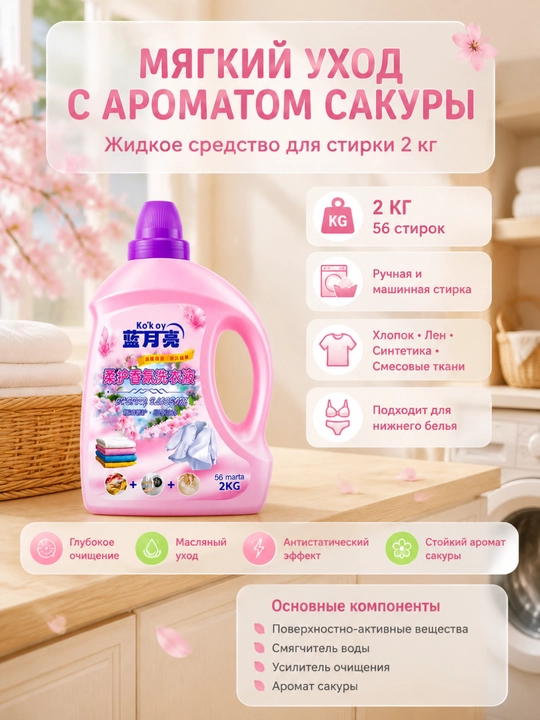 Гель для стирки сакура 2 кг долгий аромат смягчение антистатик для дома