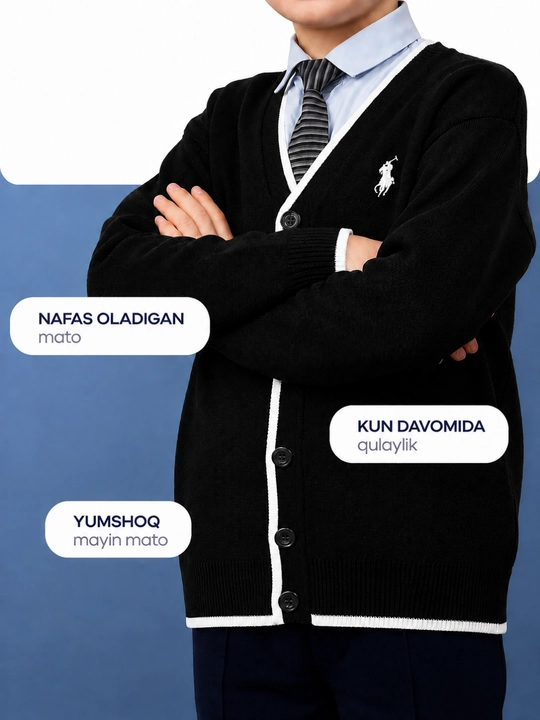 O`g`il bolalar va qiz bolalar uchun V yoqali trikotaj kardigan, tugmali maktab sviteri