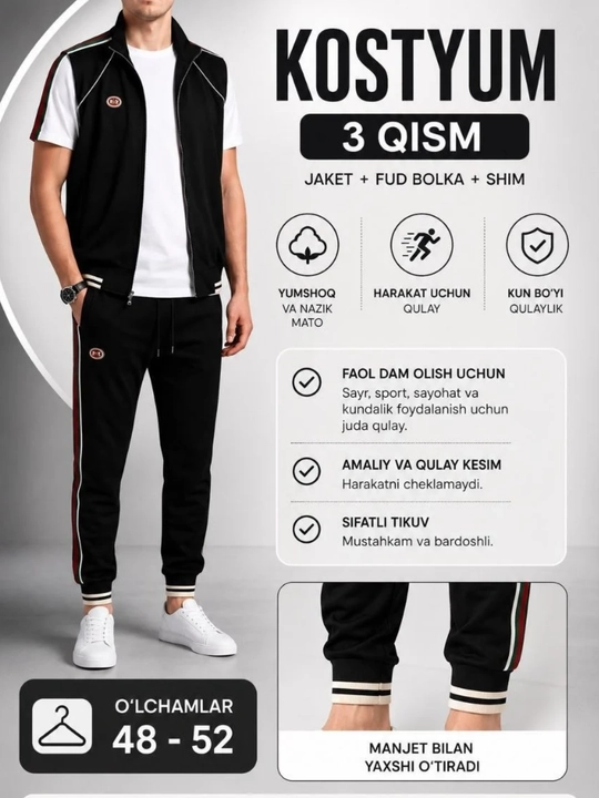 Erkaklar sport kostyumi troyka, Gucci uslubi, futbolka, nimcha, triko, 48-52 - 