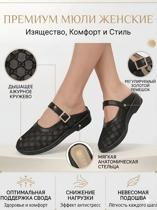 Женские шлепанцы мюли черные летние удобные легкие туфли сетка стильная обувь - 