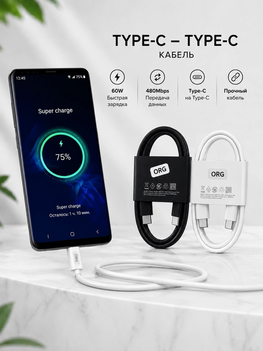 Кабель Type-C на Type-C 60W, провод для быстрой зарядки и передачи данных (1м)