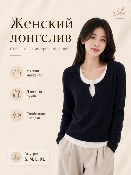 Женский хлопковый лонгслив с длинным рукавом, мягкий и удобный, S-XL - 