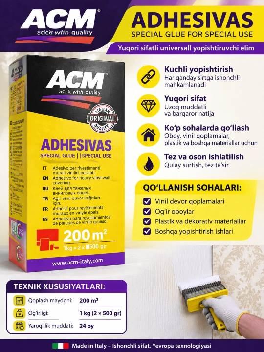 ACM ADHESIVAS — Og‘ir vinil oboylar uchun maxsus yopishtiruvchi elim - 