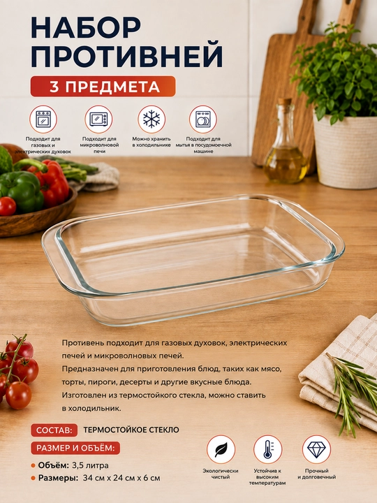 Запеканка 3,5 л из жаропрочного стекла для газовой и электрической духовки