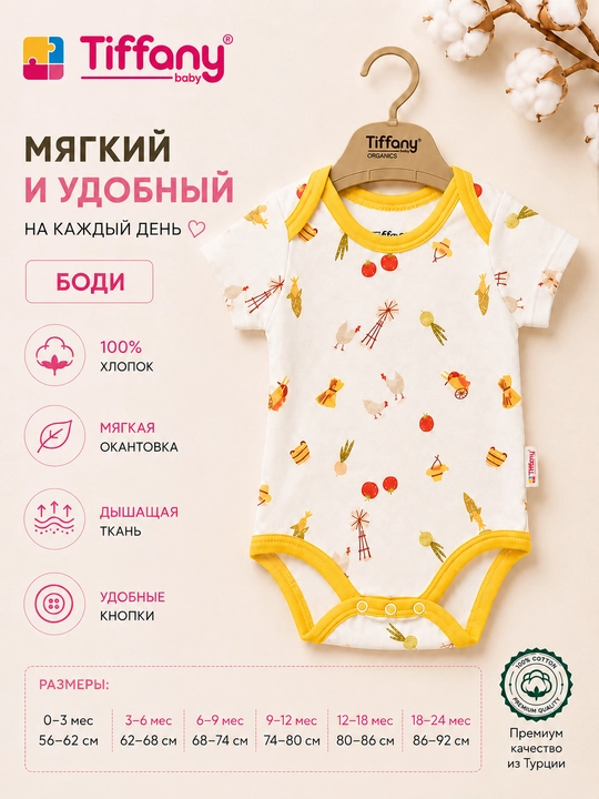 Tiffany Baby chaqaloqlar uchun bodi 100% organik paxta, sabzavotlar va tovuqchalar naqshli - 