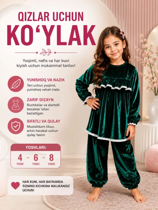 Элегантное велюровое платье для девочек, 4-8 лет, мягкое и удобное - 