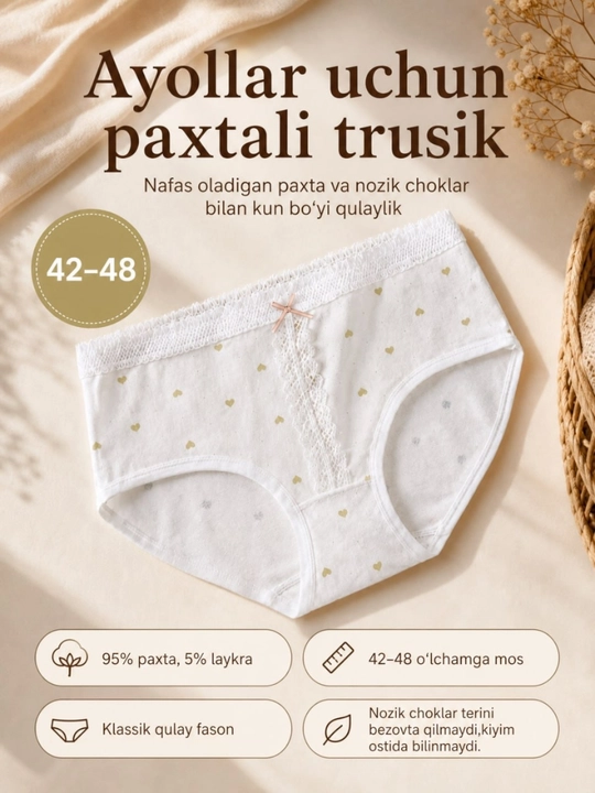 Ayollar paxtali trusiklari,ayollar ichki kiyimi,yumshoq trusik,kundalik ichki kiyim,qulay