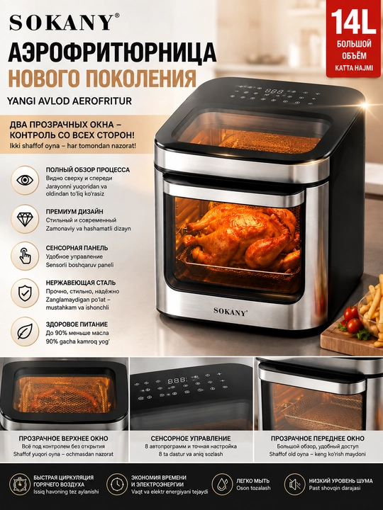 Аэрогриль нового поколения 14 л, 1800 Вт, двойное прозрачное окно, сенсорное управление - 