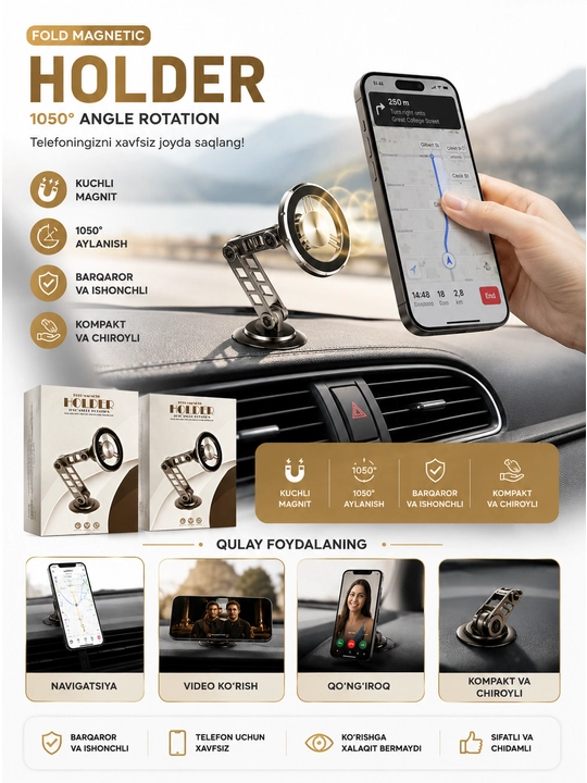Fold Magnetic Holder — Magnitli avtomobil telefon ushlagichi