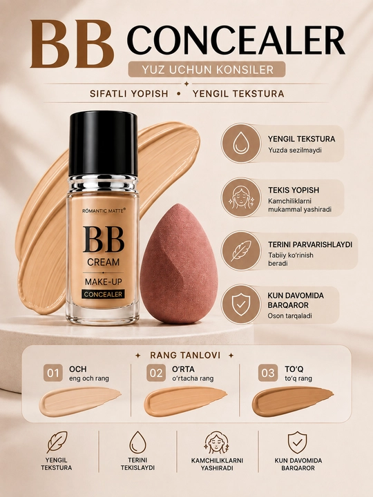 BB krem-konsiler yuz uchun Romantic Matte, matoviy effekt - 