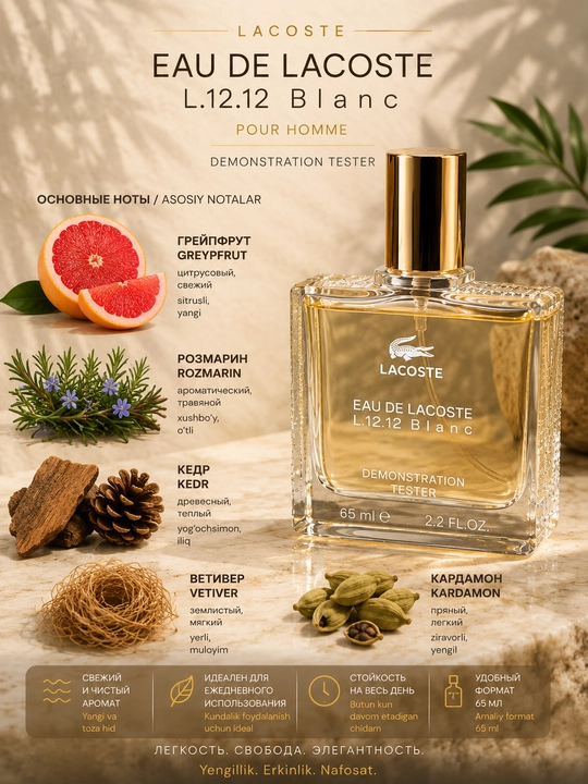 Lacoste L.12.12 Blanc erkaklar uchun atir tester, 65 ml