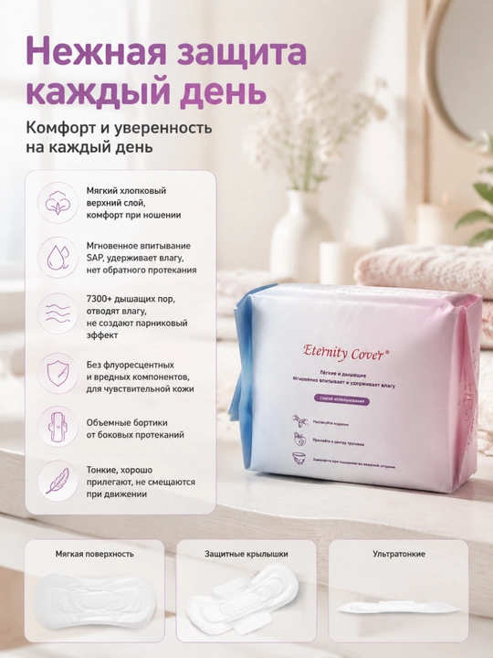 Хлопковые прокладки 285мм/360мм быстро впитывают воздухопроницаемые день-ночь