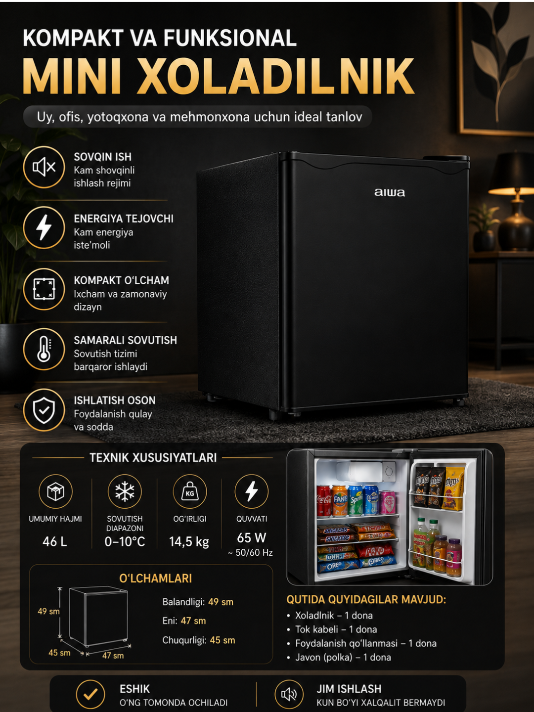 AIWA mini sovutgich, 46 L, muzlatgich xolodilnik  49×47×45 sm xalodilnik